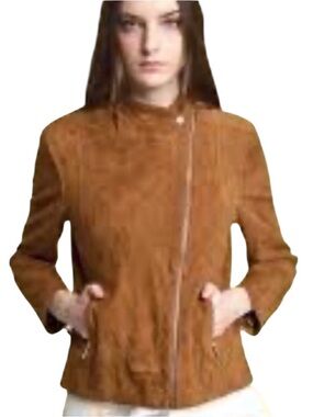 Adrienne Vittadini Women's Tan Faux Suede Full Zip Moto Jacket Size Large